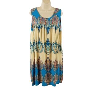 The Paragon Sleeveless Midi Dress in Blue and Cream with Paisley Motif